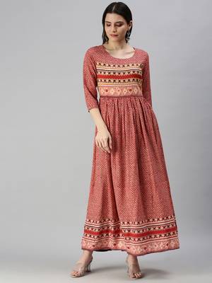 women's ankle length round neck red ethnic motifs anarkali kurta 2