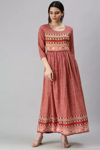 women's ankle length round neck red ethnic motifs anarkali kurta