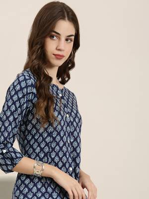 women's calf length round neck navy blue ethnic motifs a-line kurta 1