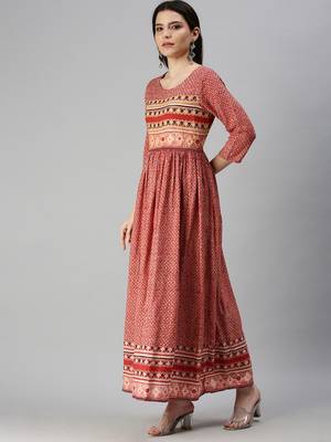 women's ankle length round neck red ethnic motifs anarkali kurta 3