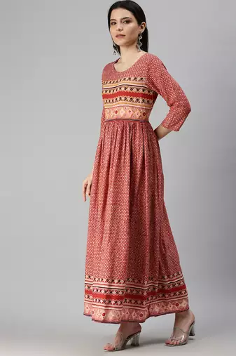 women's ankle length round neck red ethnic motifs anarkali kurta