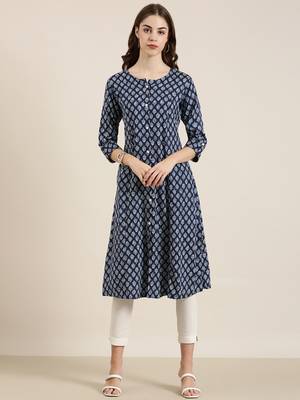 women's calf length round neck navy blue ethnic motifs a-line kurta 2
