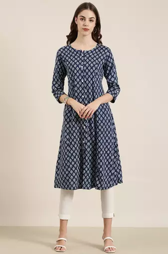 women's calf length round neck navy blue ethnic motifs a-line kurta
