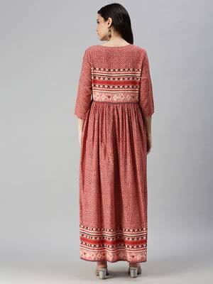 women's ankle length round neck red ethnic motifs anarkali kurta 4