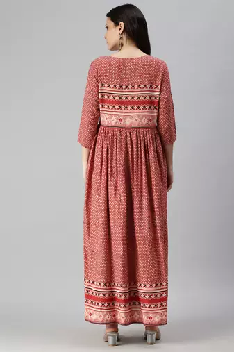 women's ankle length round neck red ethnic motifs anarkali kurta