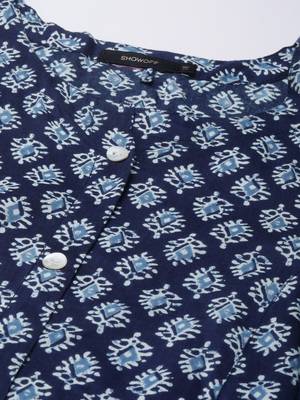 women's calf length round neck navy blue ethnic motifs a-line kurta 3