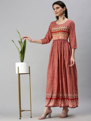 women's ankle length round neck red ethnic motifs anarkali kurta 5