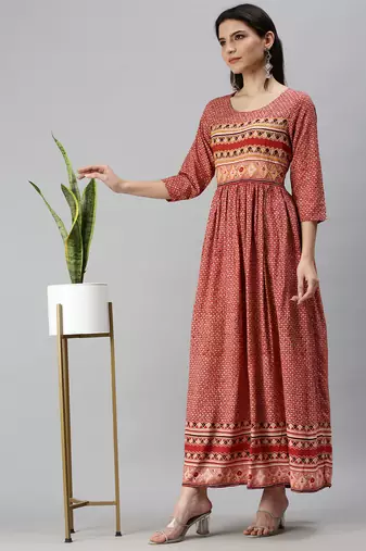 women's ankle length round neck red ethnic motifs anarkali kurta