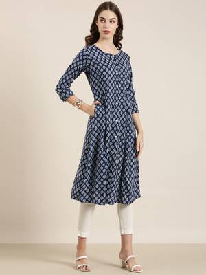 women's calf length round neck navy blue ethnic motifs a-line kurta 4