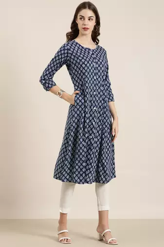 women's calf length round neck navy blue ethnic motifs a-line kurta
