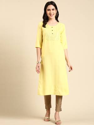 women's calf length round neck yellow embellished straight kurta 1