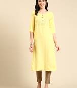 women's calf length round neck yellow embellished straight kurta