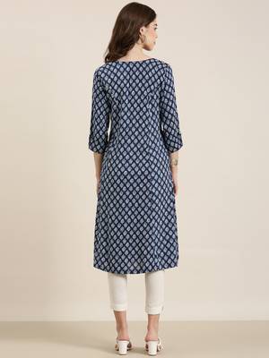 women's calf length round neck navy blue ethnic motifs a-line kurta 5