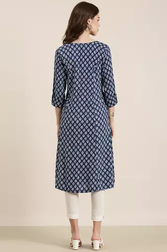 women's calf length round neck navy blue ethnic motifs a-line kurta