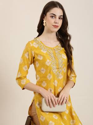 Showoff women's calf length round neck mustard ethnic motifs straight kurta 1