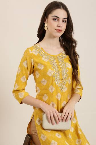 Showoff women's calf length round neck mustard ethnic motifs straight kurta