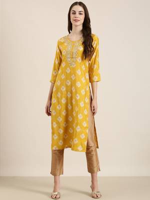 Showoff women's calf length round neck mustard ethnic motifs straight kurta 2