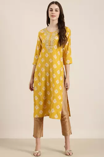 Showoff women's calf length round neck mustard ethnic motifs straight kurta