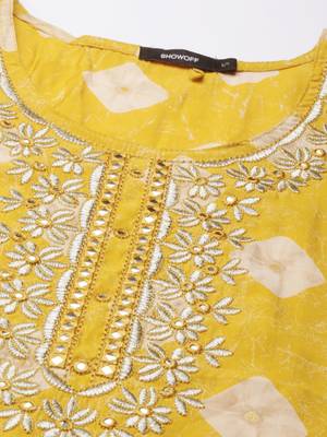 Showoff women's calf length round neck mustard ethnic motifs straight kurta 3