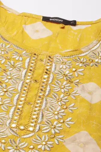 Showoff women's calf length round neck mustard ethnic motifs straight kurta