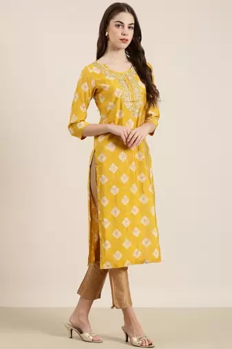 Showoff women's calf length round neck mustard ethnic motifs straight kurta