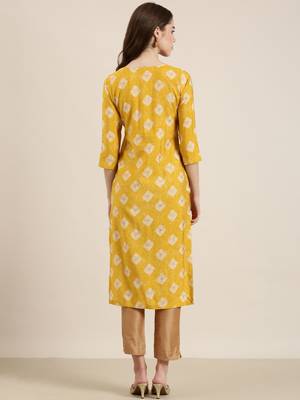 Showoff women's calf length round neck mustard ethnic motifs straight kurta 5