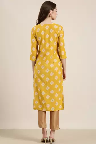Showoff women's calf length round neck mustard ethnic motifs straight kurta