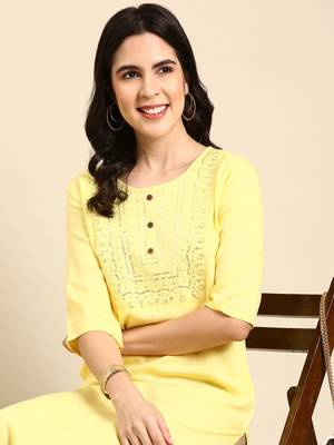 women's calf length round neck yellow embellished straight kurta 2
