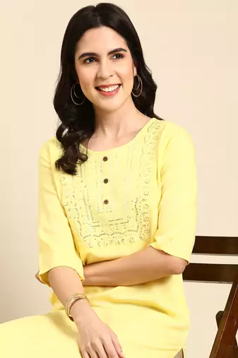 women's calf length round neck yellow embellished straight kurta