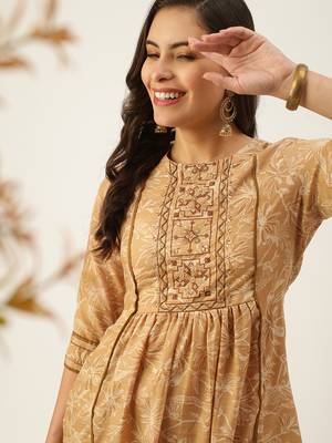 women's calf length round neck beige floral a-line kurta 1