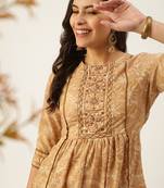 women's calf length round neck beige floral a-line kurta