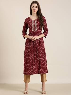 women's ankle length round neck maroon floral a-line kurta 2