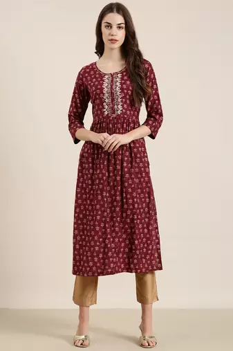 women's ankle length round neck maroon floral a-line kurta