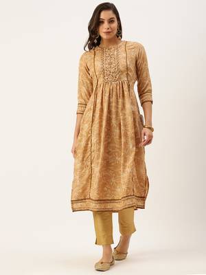 women's calf length round neck beige floral a-line kurta 2