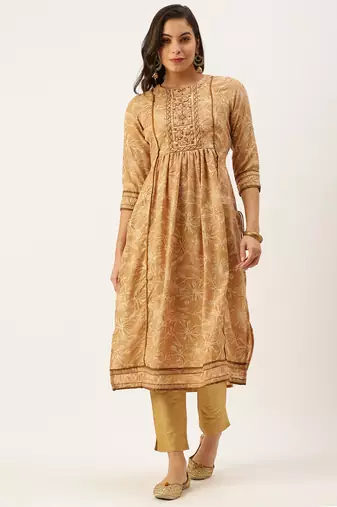 women's calf length round neck beige floral a-line kurta