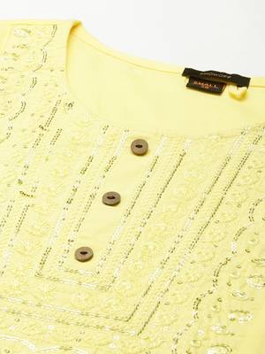 women's calf length round neck yellow embellished straight kurta 3