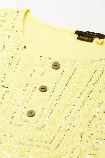 women's calf length round neck yellow embellished straight kurta