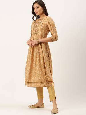 women's calf length round neck beige floral a-line kurta 3