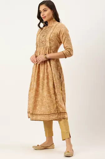 women's calf length round neck beige floral a-line kurta