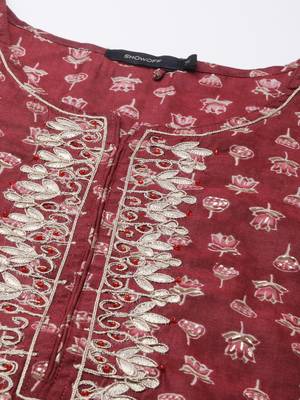 women's ankle length round neck maroon floral a-line kurta 3