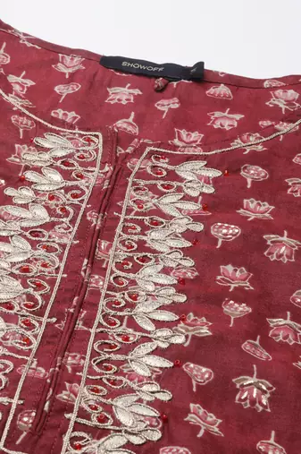 women's ankle length round neck maroon floral a-line kurta