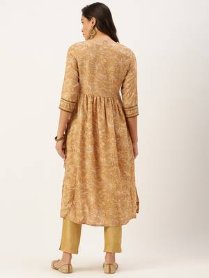 women's calf length round neck beige floral a-line kurta 4