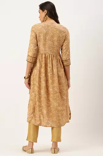 women's calf length round neck beige floral a-line kurta