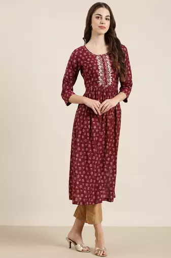 women's ankle length round neck maroon floral a-line kurta