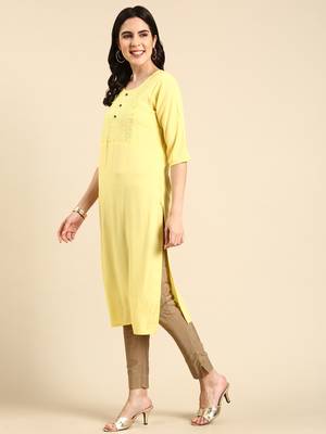 women's calf length round neck yellow embellished straight kurta 4