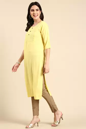 women's calf length round neck yellow embellished straight kurta