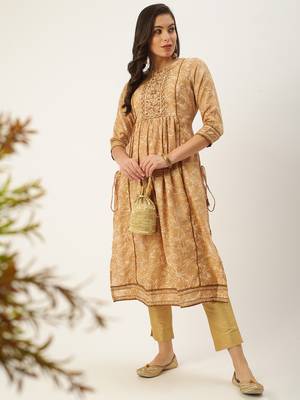 women's calf length round neck beige floral a-line kurta 5