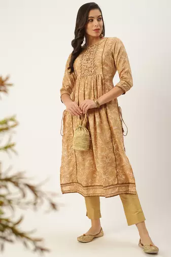 women's calf length round neck beige floral a-line kurta