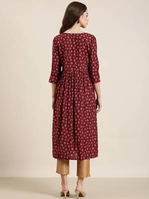 women's ankle length round neck maroon floral a-line kurta 5
