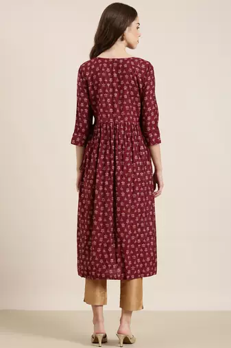 women's ankle length round neck maroon floral a-line kurta